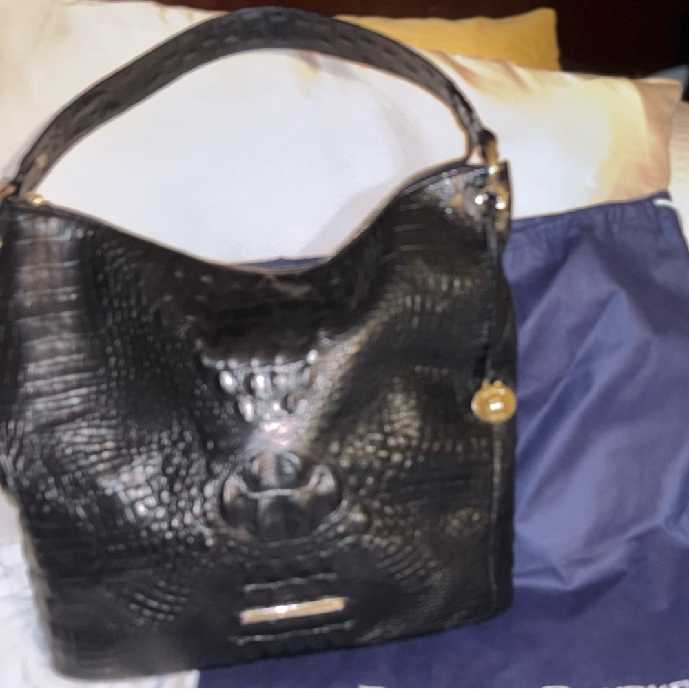 Brahmin Black Croc-Embossed Leather Hobo Bag